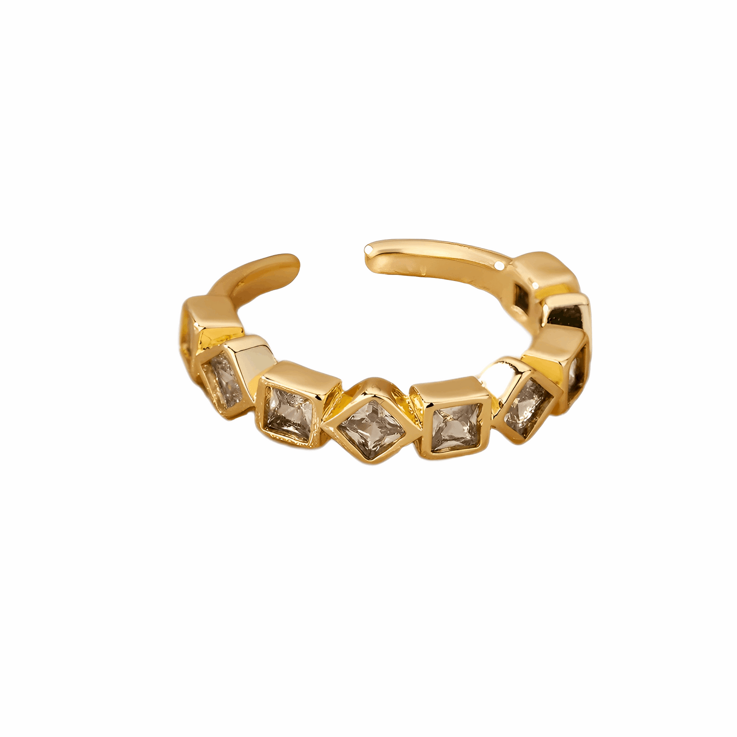 Anel Kaya dourado com nove pedras brilhantes disponíveis em rosa ou transparente, design em mosaico moderno.