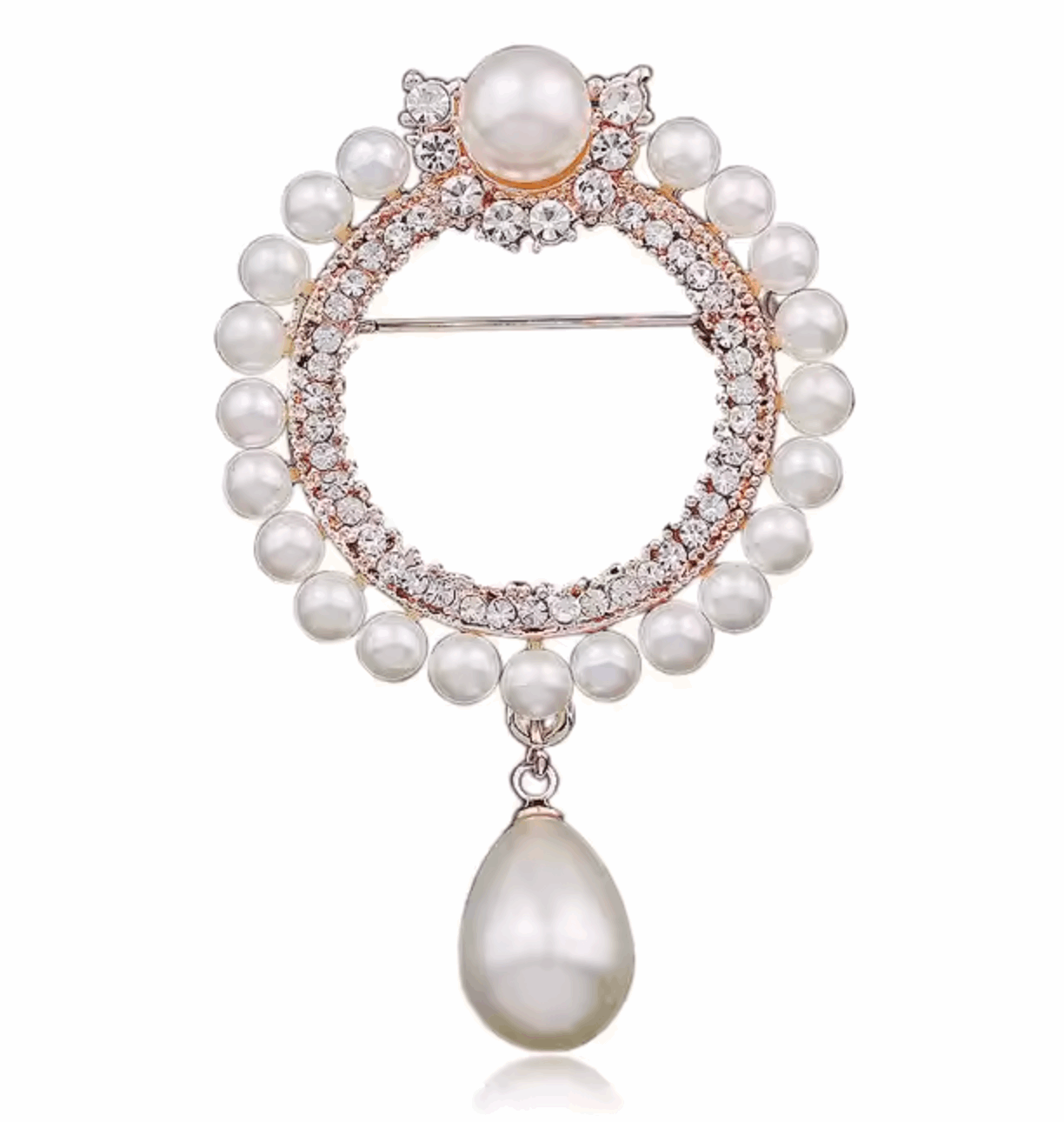 Broche prateado com pérolas e cristais, formato redondo com gota pendente – Kaya and Olivia