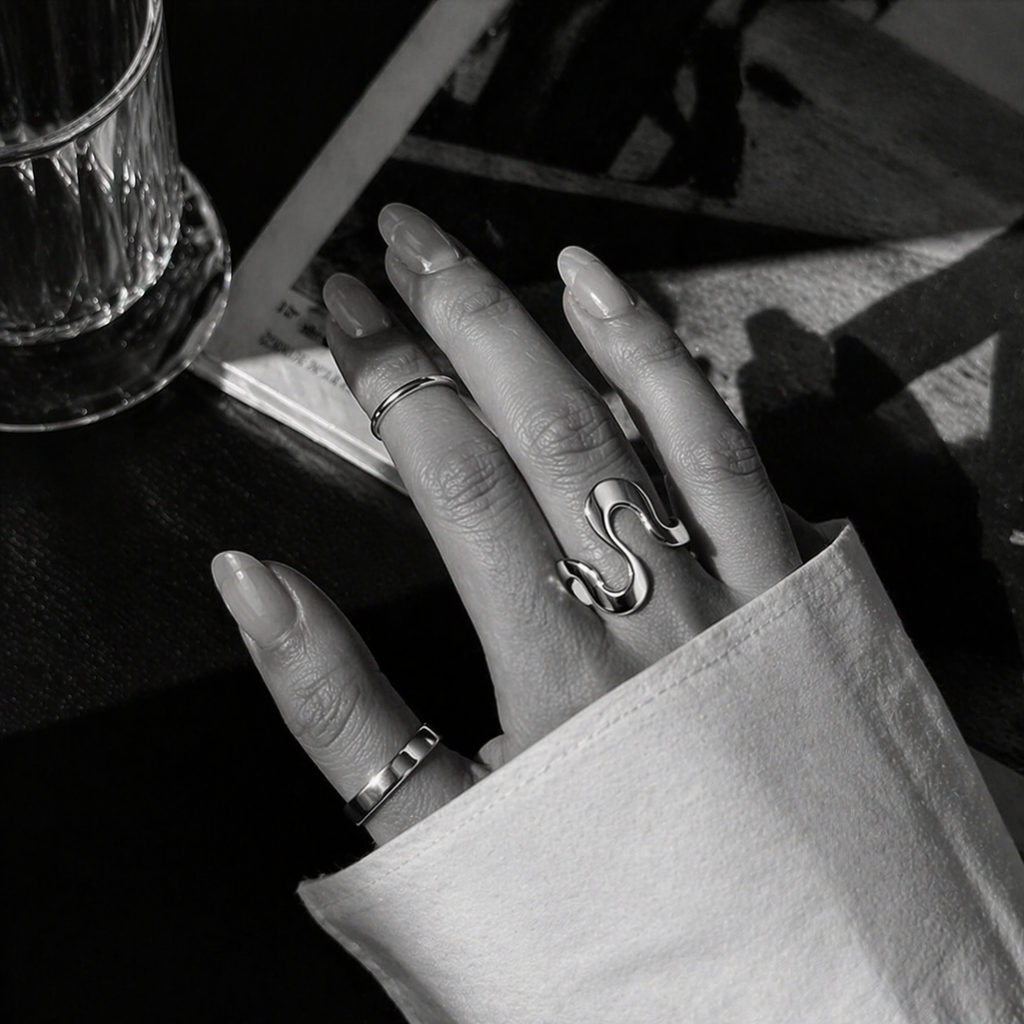 VORN ring by Kaya & Olivia — sculptural ring, black and white lifestyle photography