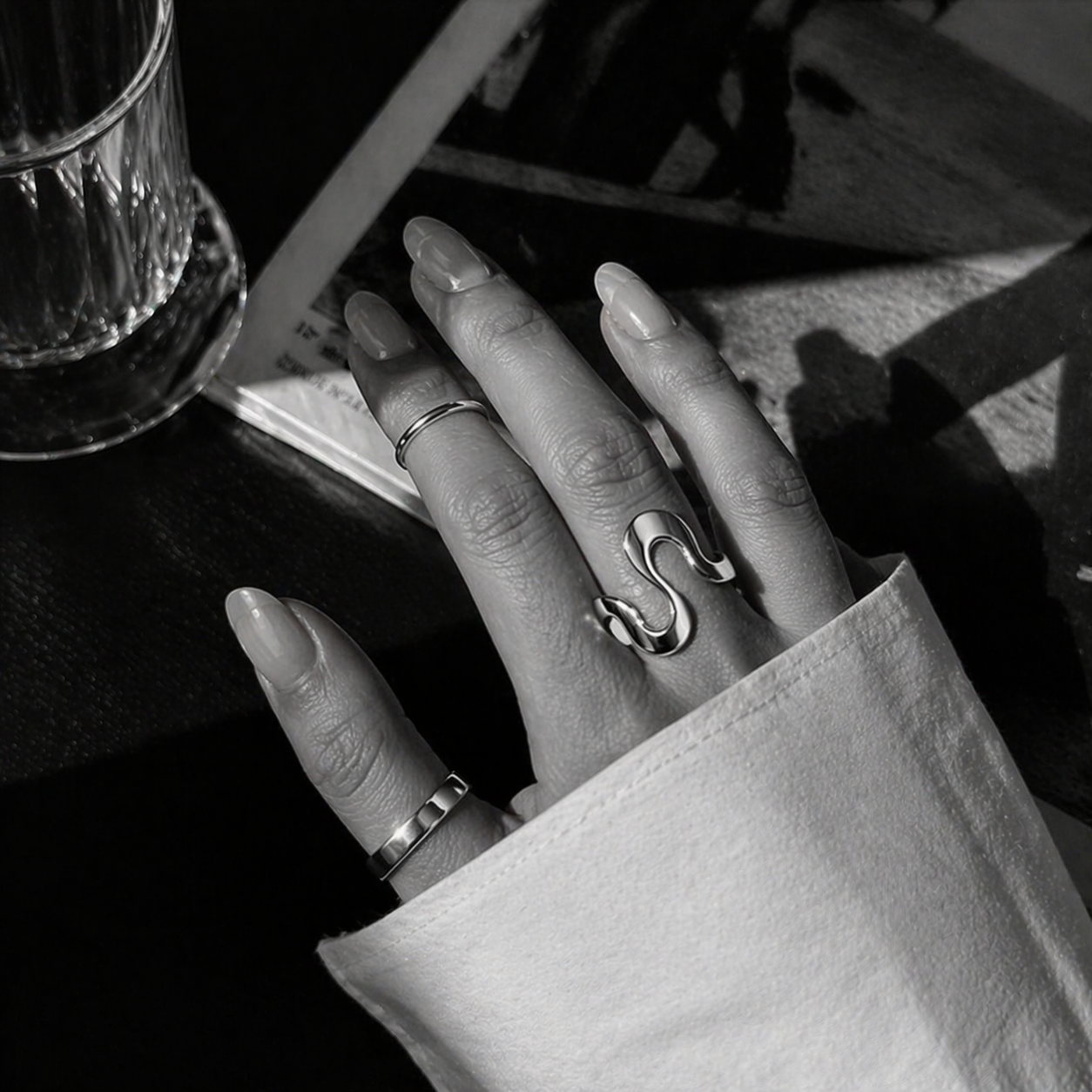 VORN ring by Kaya & Olivia — sculptural ring, black and white lifestyle photography