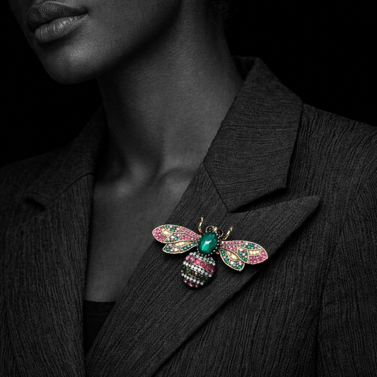 Broche de abelha dourado Véa com cristais verdes e rosa da Kaya & Olivia, aplicado na lapela de um blazer preto estruturado