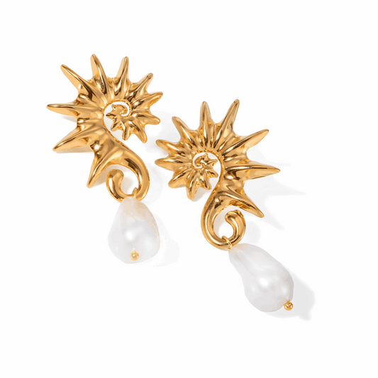 Brincos Talita com design solar dourado e pérola pendente