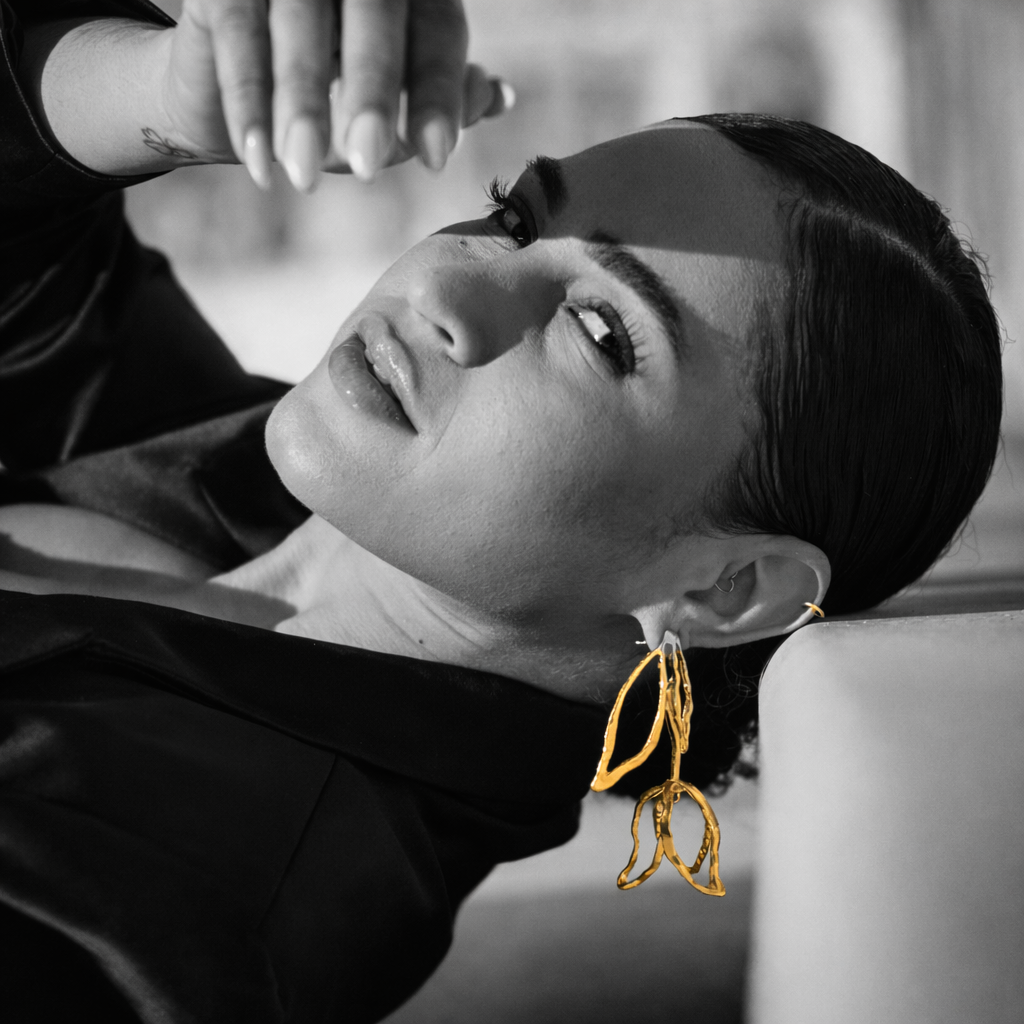Bloom earrings by Kaya & Olivia — worn on model, floral-inspired organic design