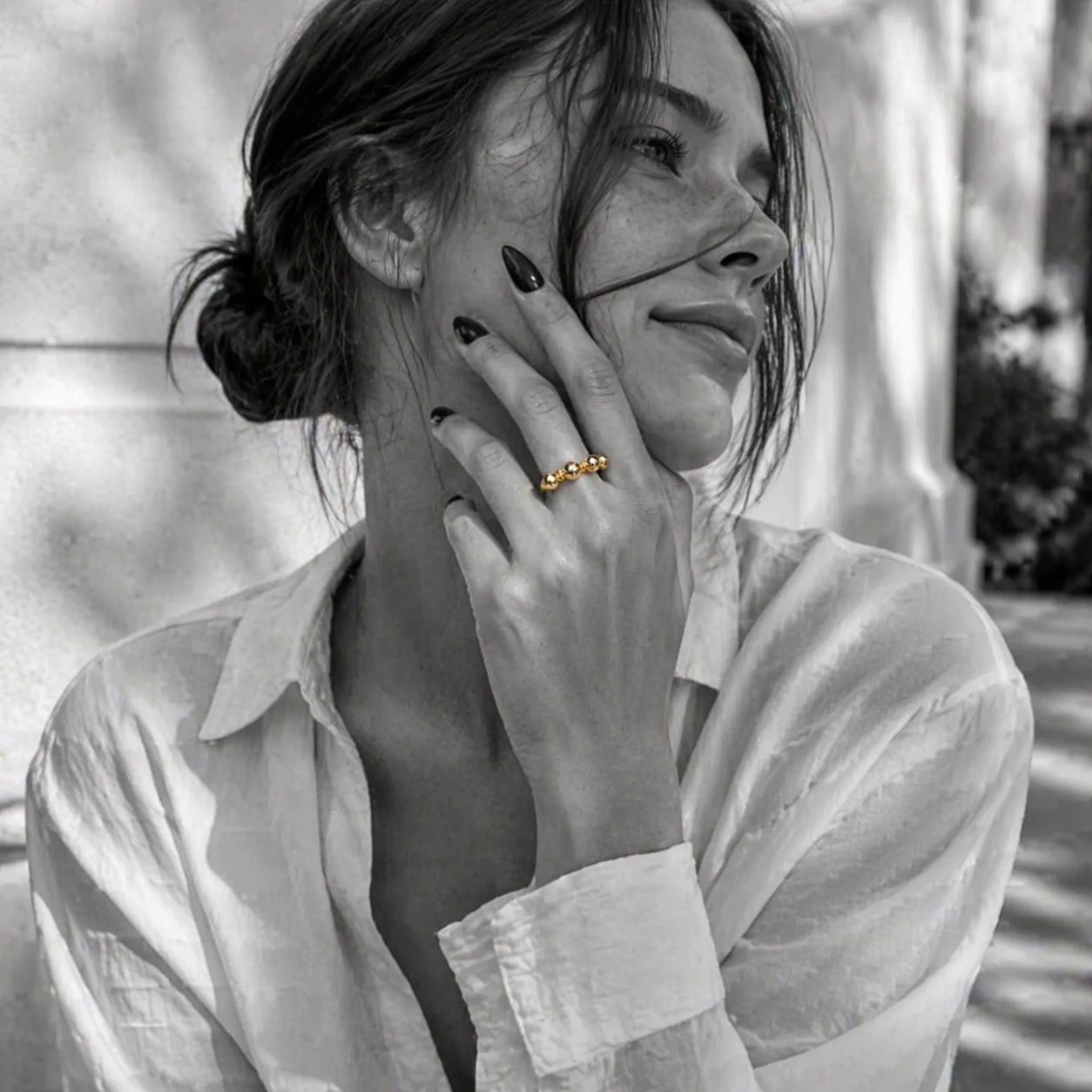 NOVA ORB ring by Kaya & Olivia — worn on model, sculptural orb, adjustable silver ring
