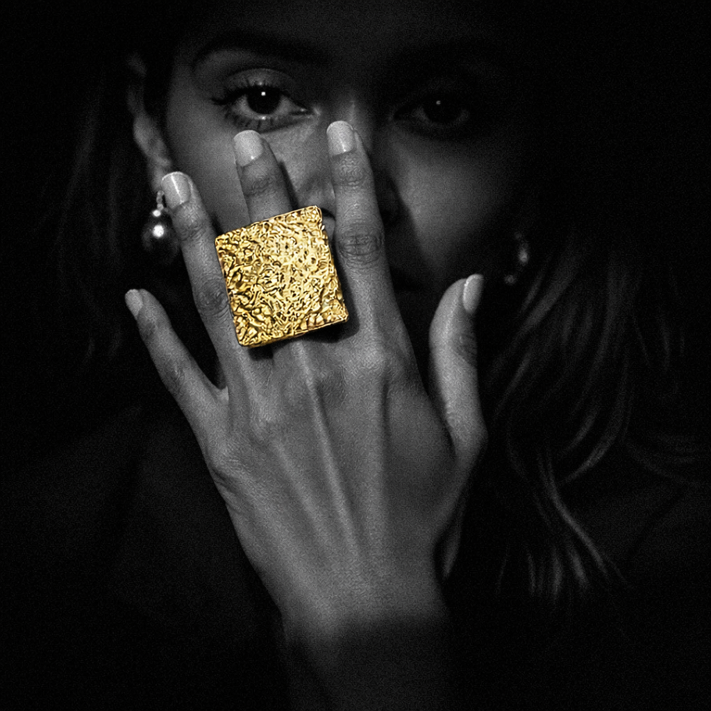 Orum ring by Kaya & Olivia — worn on model, oversized gold statement ring