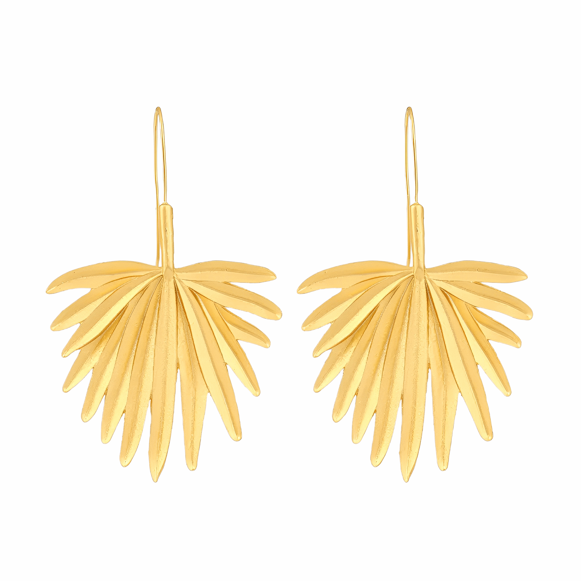 Brincos Palm em aço inoxidável com design de folha de palmeira em metal dourado, leves e confortáveis.