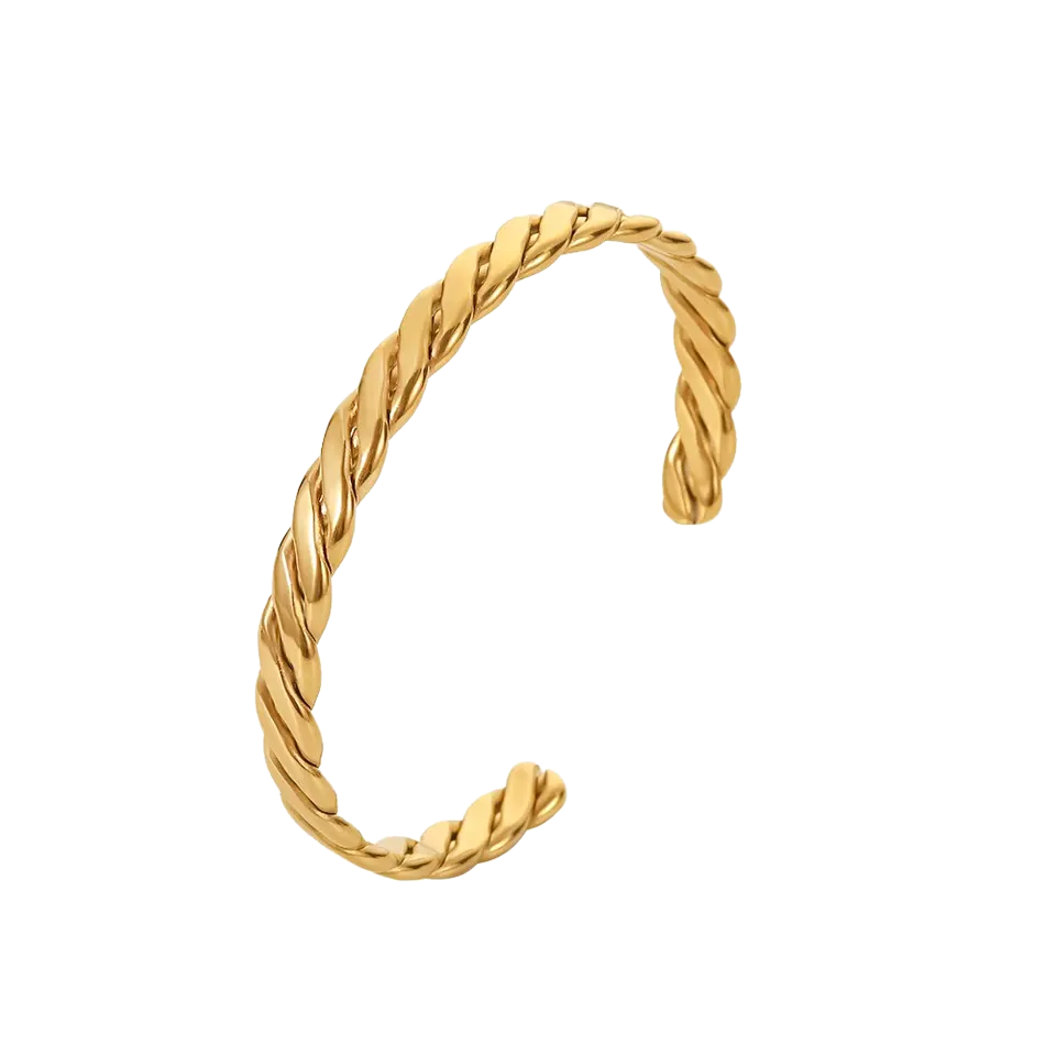 Pulseira Entangled dourada com design minimalista e acabamento polido em aço inoxidável, adequada para todos os géneros.
