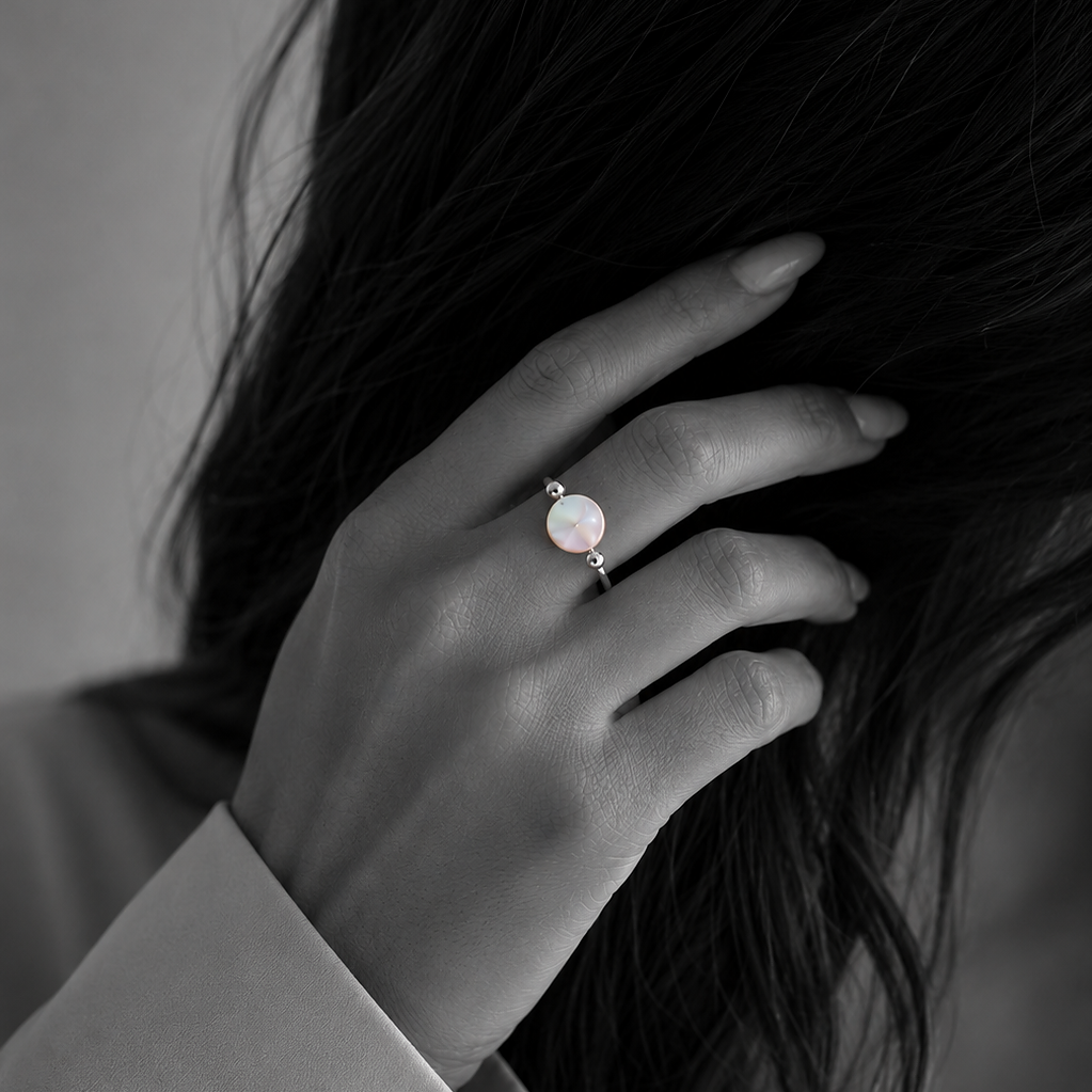 SORA PEARL ring by Kaya & Olivia — worn on model, pearl-set minimalist silver ring