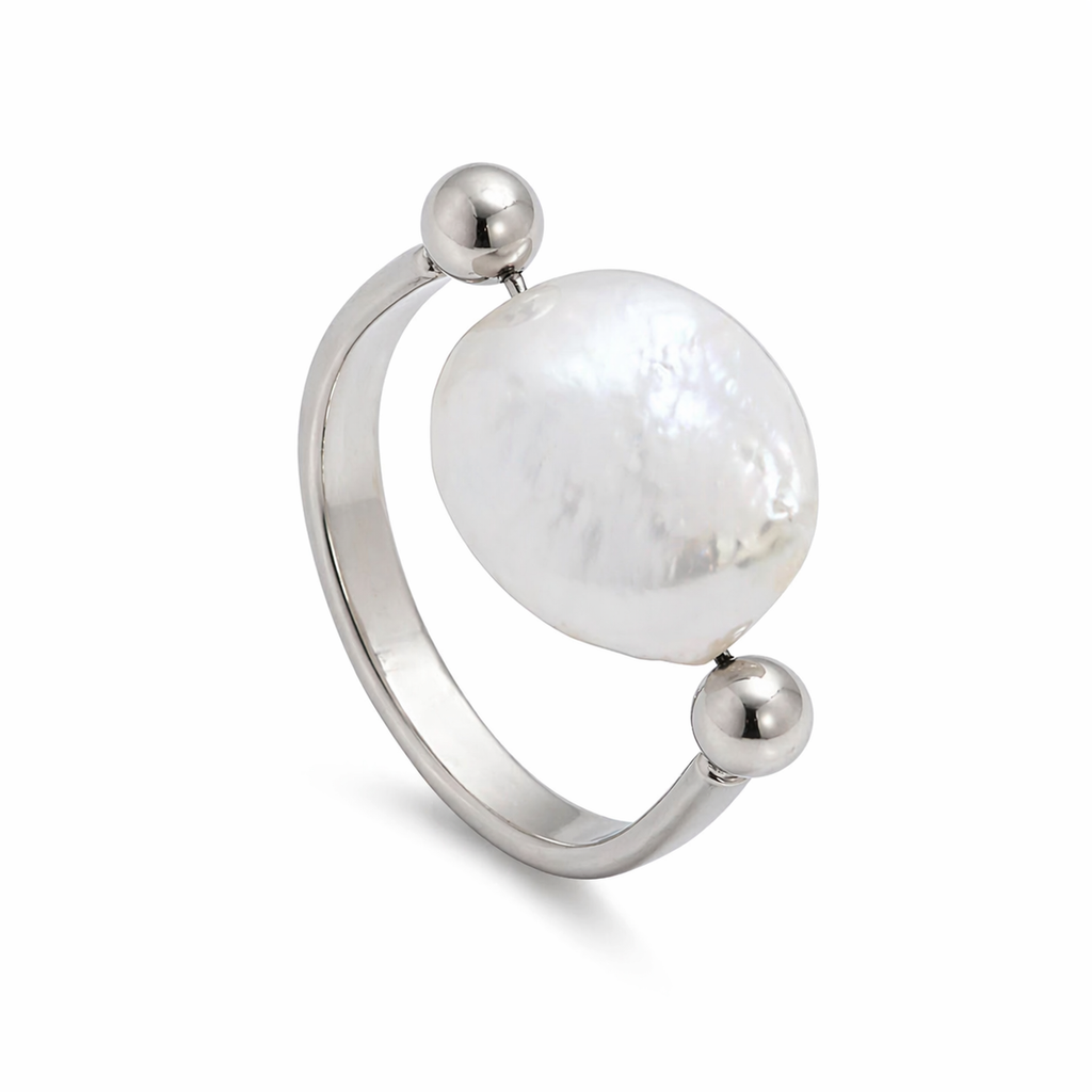 SORA PEARL ring by Kaya & Olivia — silver, luminous pearl, contemporary minimalist