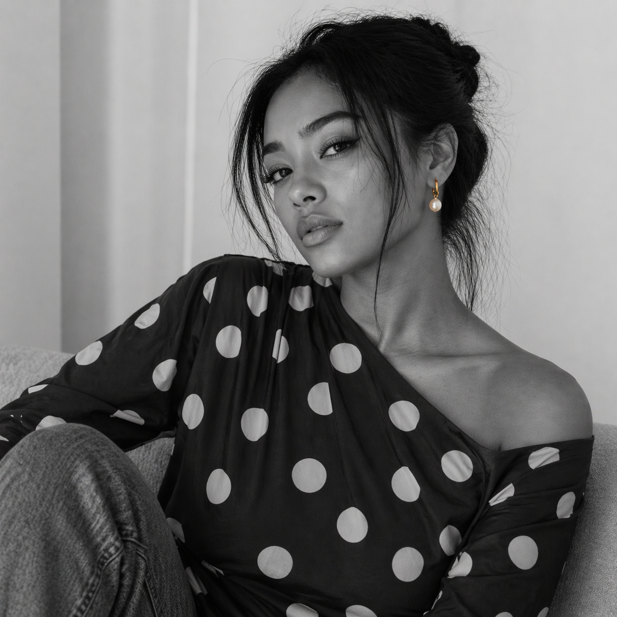 Taela earrings by Kaya & Olivia — worn on model, freshwater pearl hoop earrings