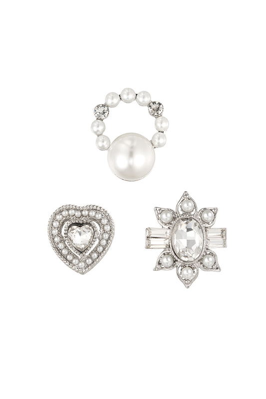 Trio de broches prateados com pérolas e cristais – Kaya and Olivia

