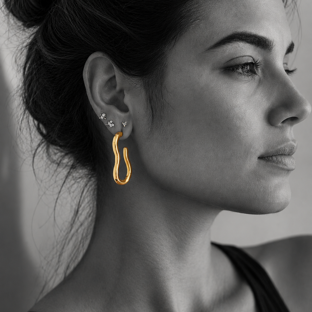 Malou earrings by Kaya & Olivia — worn on model, contemporary geometric design