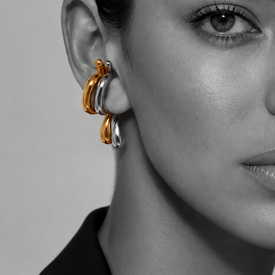 Glyph earcuff by Kaya & Olivia — worn on model, graphic sculptural earcuff set