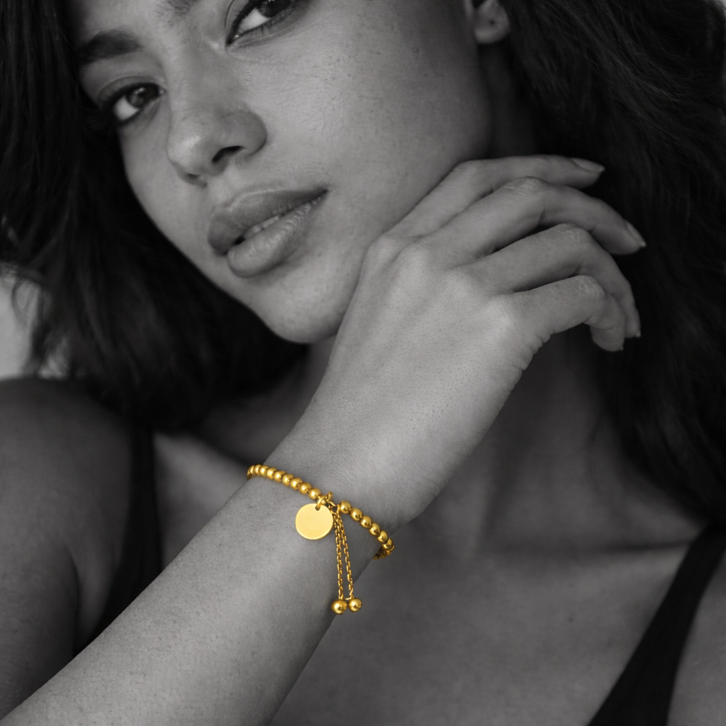 Orén bracelet by Kaya & Olivia — gold, worn on model, minimal beaded bracelet
